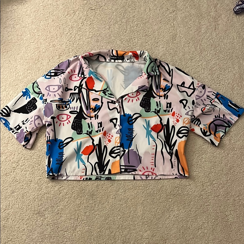 SHEIN Multi Color Button Down Crop Top with Vibrant Design